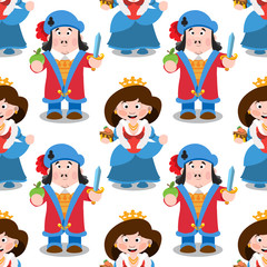 Seamless pattern with cartoon queen and prince.