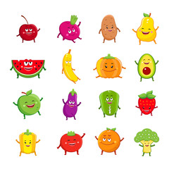 Funny fruits and vegetables characters cartoon set