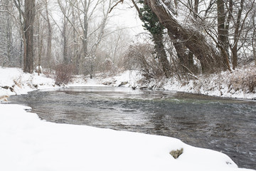 Winterliche Aulandschaft mit Fluss und Schnee