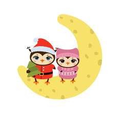 Cartoon owls sitting on the moon