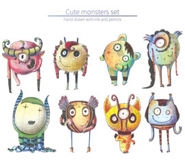 Fototapeta premium Set of cute and lovely hand drawn monsters, drawn with pencils and ink on white background. Raster large illustration with collection of different fictional characters with strange fantasy anatomy.
