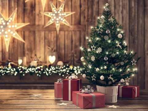 beautiful gift with Christmas tree. 3d rendering