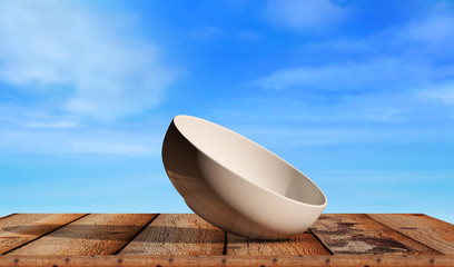 3d rendering white empty dish on wooden table