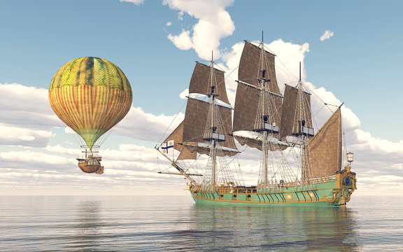 Fantasy hot air balloon and sailing ship