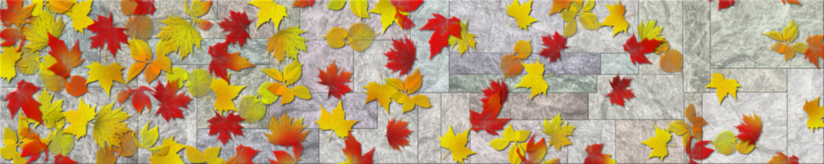 Naklejka na ściany i meble panorama of autumn leaves on a marble slab. 