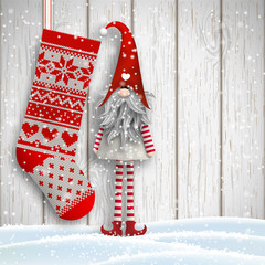 Scandinavian christmas traditional gnome, Tomte, with knitted stocking, illustration
