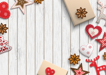 Christmas motive, small scandinavian styled decorations lying on wooden desk, illustration