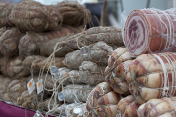 Italian salami in the market in Italy