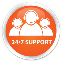 24/7 Support (customer care team icon) orange glossy round butto