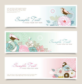 Set of horizontal banners with flowers and birds