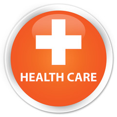 Health care (plus sign) orange glossy round button