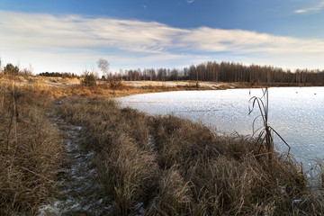 Winter Sunny day on the shore of a frozen lake