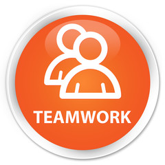 Teamwork (group icon) orange glossy round button
