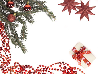 Christmas frame from branch Christmas tree with gift and red stars