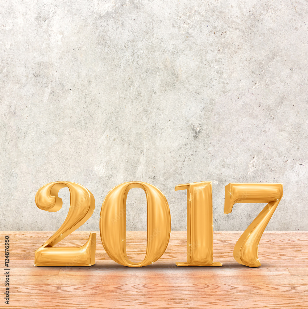 Poster 2017 (3d rendering) new year gold color in perspective room wit