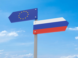 Disagreement: Russia And EU Road Sign Pointing In Opposite Directions, 3d illustration