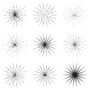 Vector set.Dotwork stars and rays.Illustration of random black dots