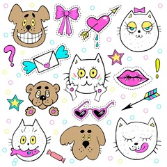 Fashion patch badges with kitten, puppy, teddy bear, lips, envelope and other elements. Vector illustration isolated on white background. Set of stickers, pins, patches in cartoon 80s-90s comic style.