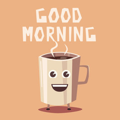 Coffee cup character. Cartoon vector illustration. Good morning