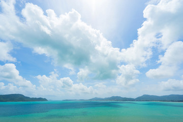 Background concept. View on Chalong bay  and sky with clouds shadows on the water. Thailand, Phuket.
