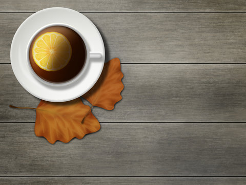 Cup of tea with lemon slice. Autumn leaves.