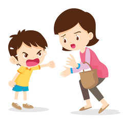 Boy angry shouting with mother.Boy Shouting At Her Mom on white background cartoon vector illustration.