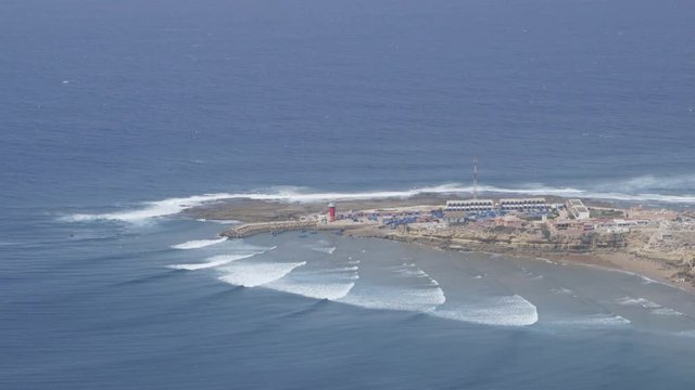 Imsouane, Morocco surf aerial, wide beauty seascape.