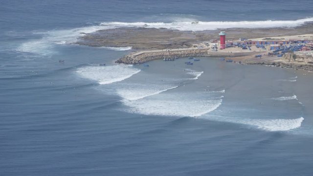Imsouane, Morocco surf aerial, wide beauty seascape.