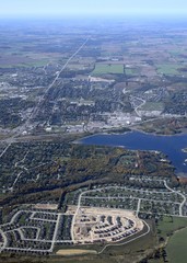 Autumn aerial view of neighborhouuds in the town of Orangeville, Ontario Canada