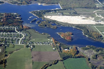 Fototapeta premium Autumn aerial view of neighborhouuds in the town of Orangeville, Ontario Canada