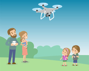 Obraz na płótnie Canvas Father Operating Drone By Remote Control With Kids In The Park. Children looking on quadrocopter. Vector flat