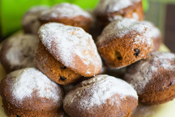 homemade cakes, muffins with icing sugar