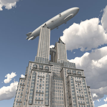Zeppelin über einem Wolkenkratzer