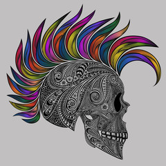 The skull of punk. Vector human skull made of flowers and colored Mohawk
