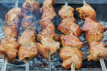 Appetizing fresh meat shish kebab prepared grill wood