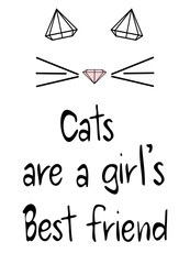 cute hand drawn cats are a girl's best friend lettering quote with diamond cat vector card illustration


