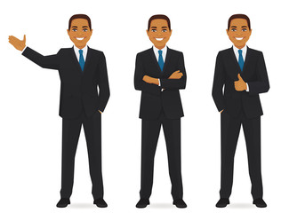 Set of business man in different poses isolated. Thumbing up, showing and with hands crossed