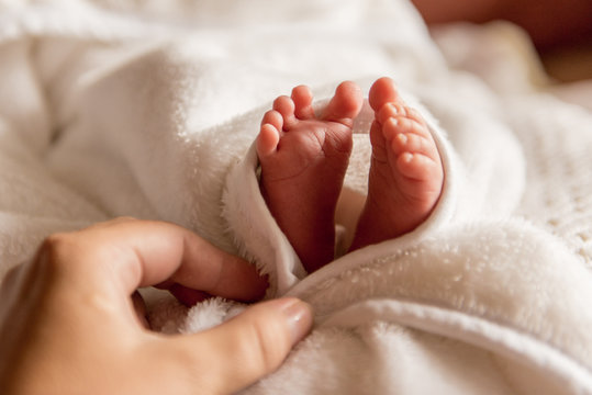 Bare feet of a cute newborn baby in warm white blanket. Small bare feet of a little baby girl or boy. Sleeping newborn child.