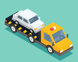 Evacuation isometric car, road assistance service help. Evacuator tow track. Flat design vector illustration.