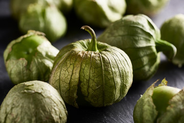 fresh green tomatillos shot close up