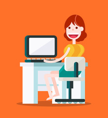 Young Girl Working in the Office with a Laptop. Isolated Flat Vector Illustration on Orange Background.