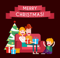 Family on a Sofa in Christmas. Isolated Flat Vector Illustration.