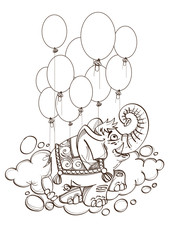 Pink elephant flying in balloons. Outline illustration for coloring.