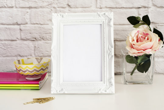 Frame Mockup. White Frame Mock up. White Picture Frame with Single Flower Rose. Product Frame Mockup. Wall Art Display Template
