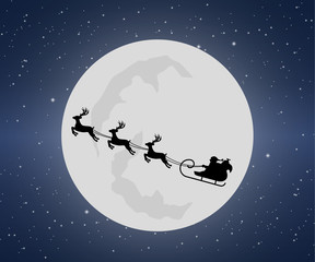 Santa's sleigh with reindeers on background of night sky with stars and moon