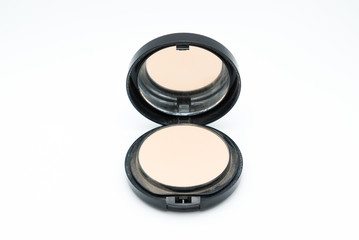 Face powder with mirror isolated on white background