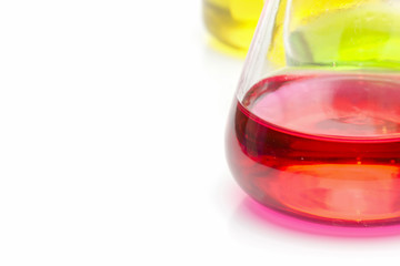 Close up of Test tubes with liquids isolated on white