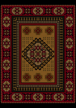 Luxury ethnic carpet with oriental vintage ornament in red and yellow colors