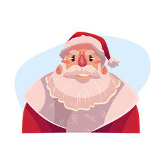 Santa Claus face, upset, confused facial expression, cartoon vector illustrations isolated on blue background. Santa Claus feeling upset, concerned, confused frustrated.