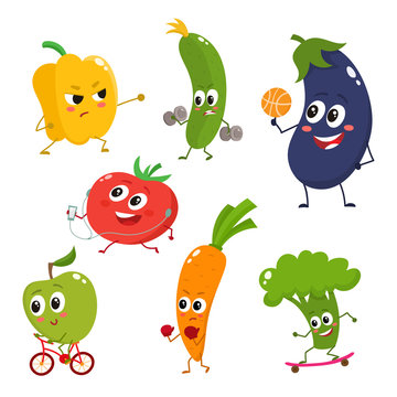 Set of vegetables doing sport - bell pepper, cucumber, eggplant, tomato, apple, carrot, broccoli, cartoon vector illustration isolated on white background. Cute and focused vegetable characters